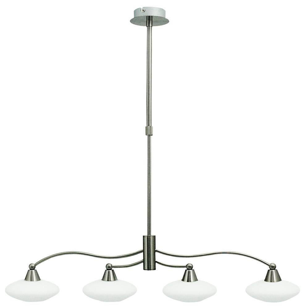 Vue de face sur fond blanc, suspension quatre lumières nickel satiné et verre opalin