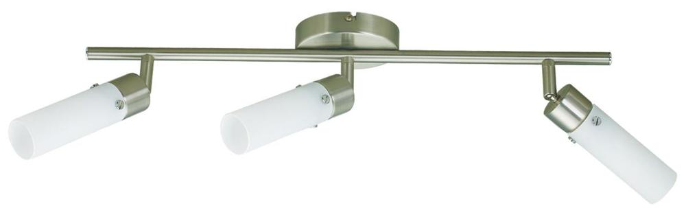 Vue de face du plafonnier à trois spots orientables, barre et verres cylindriques nickel satiné.