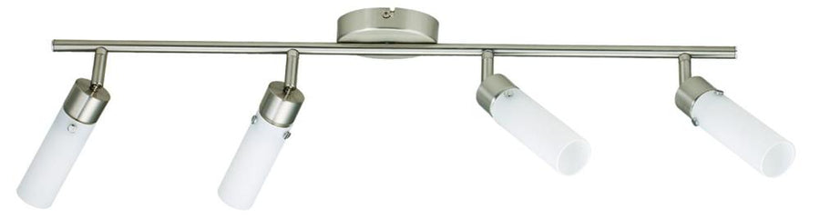 Plafonnier quatre spots orientables, verre opalin cylindrique et finition nickel satiné
