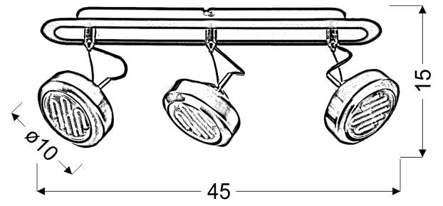 Schéma coté : largeur 45 cm, hauteur 15 cm, diamètre des spots 10 cm