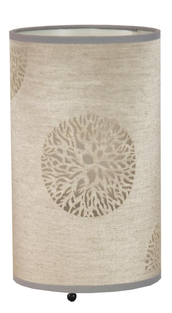 Vue rapprochée de la lampe cylindrique en tissu beige avec motif et liseré gris.
