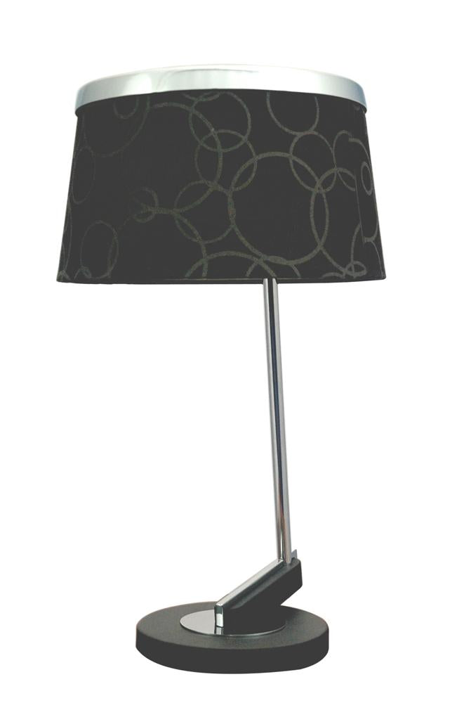 Lampe à poser de face, abat-jour noir à motifs circulaires et pied chromé fin