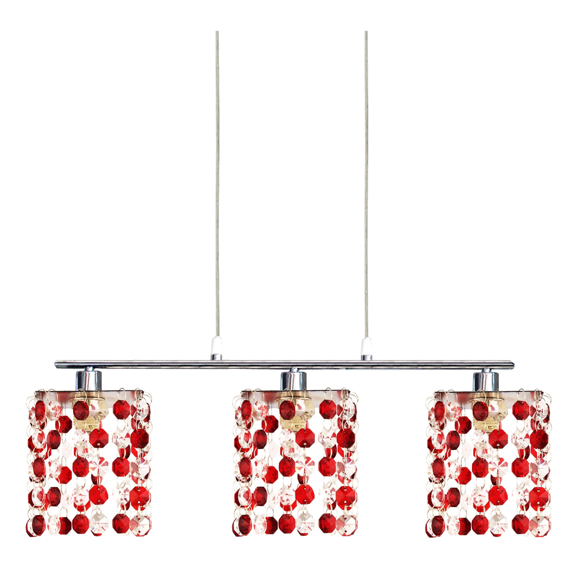 Suspension Classic 3 lumières chromée et rouge, cristal