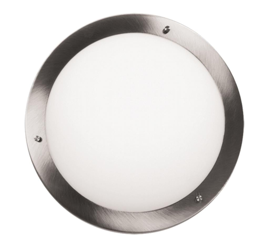 Vue de face du plafonnier rond à cerclage nickel satiné et diffuseur en verre blanc