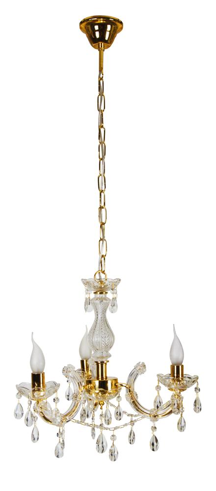 Suspension dorée à trois bras avec pampilles en verre, présentée de face sur fond blanc.