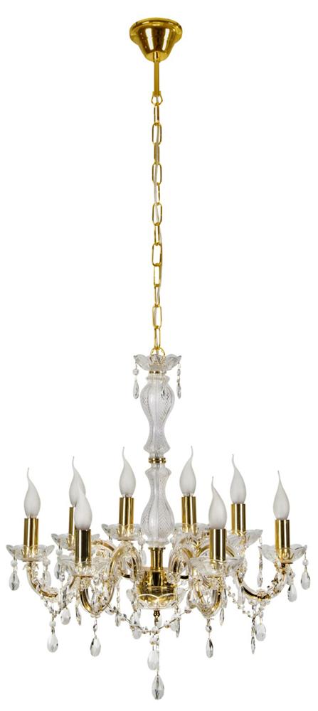 Suspension dorée à huit lumières en verre transparent, produit de face sur fond blanc.