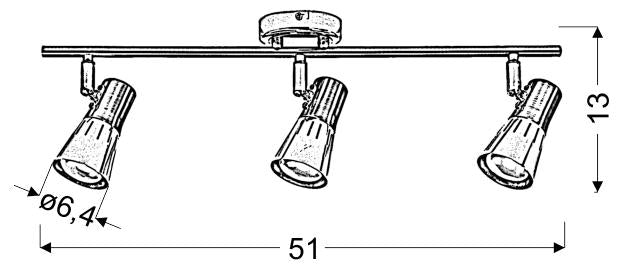 Schéma de dimensions du plafonnier : largeur 51 cm, hauteur 13 cm, diamètre 6,4 cm.