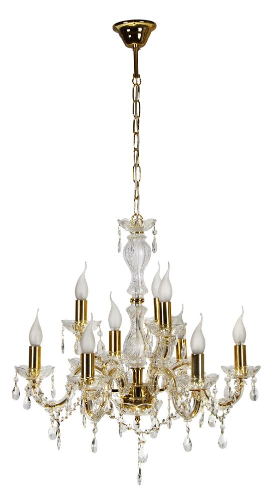 Lustre doré à neuf lumières, verre et pampilles, présenté de face sur fond blanc.