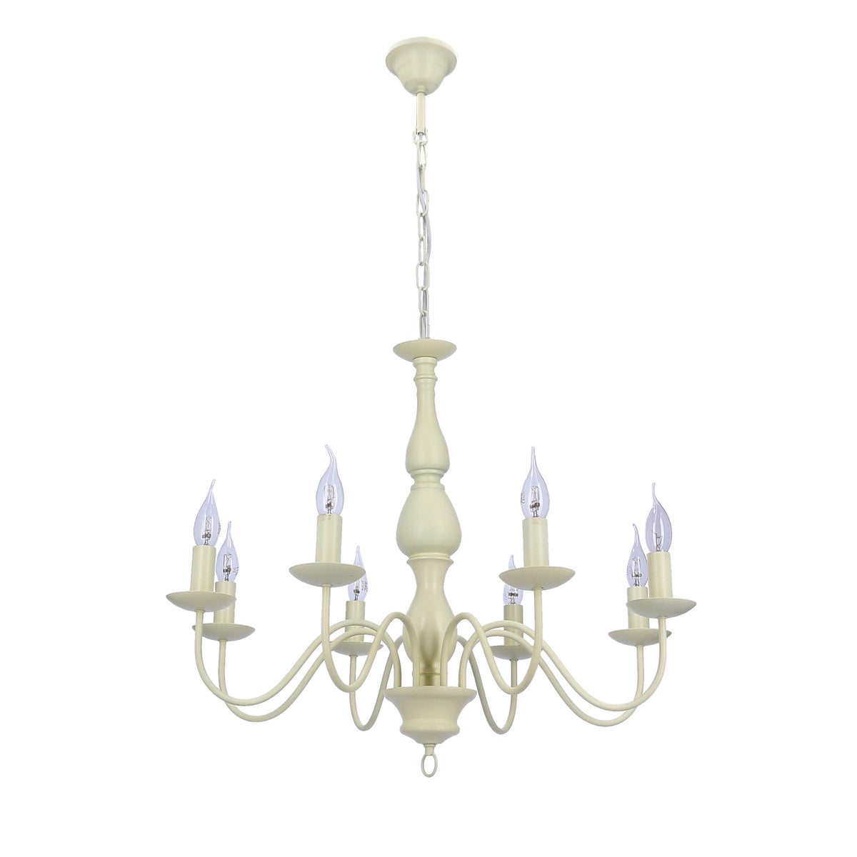 Lustre crème à huit lumières suspendu, vue de face sur fond blanc, chaîne visible.