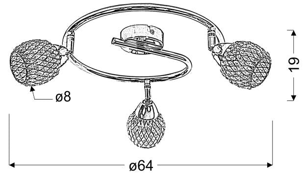 Schéma technique coté du luminaire, largeur 64 cm, hauteur 19 cm et diamètre des globes
