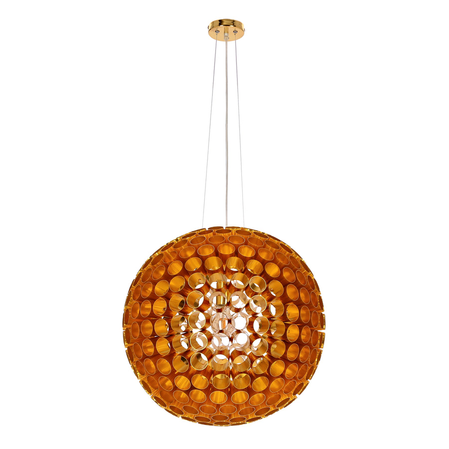 Suspension dorée en forme de sphère composée de multiples godets métalliques, sur fond blanc