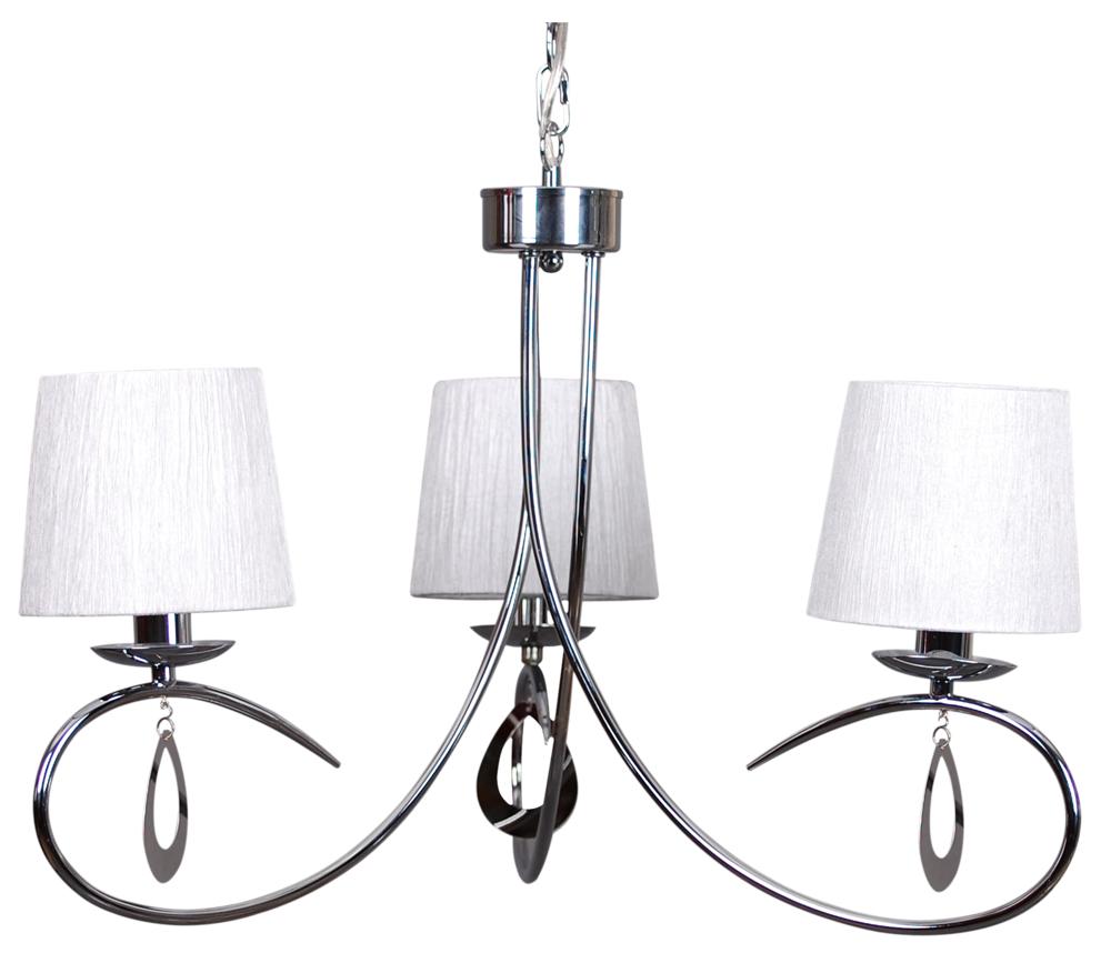 Suspension trois lumières chromée et blanche sur fond blanc, produit de face