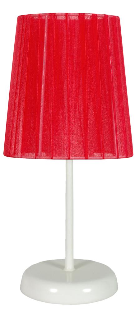 Modèle rouge de la lampe à poser, abat-jour en tissu et tige métallique blanche