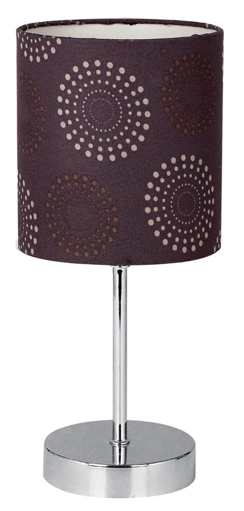 Lampe à poser de face sur fond blanc, abat-jour cylindrique en tissu marron imprimé.