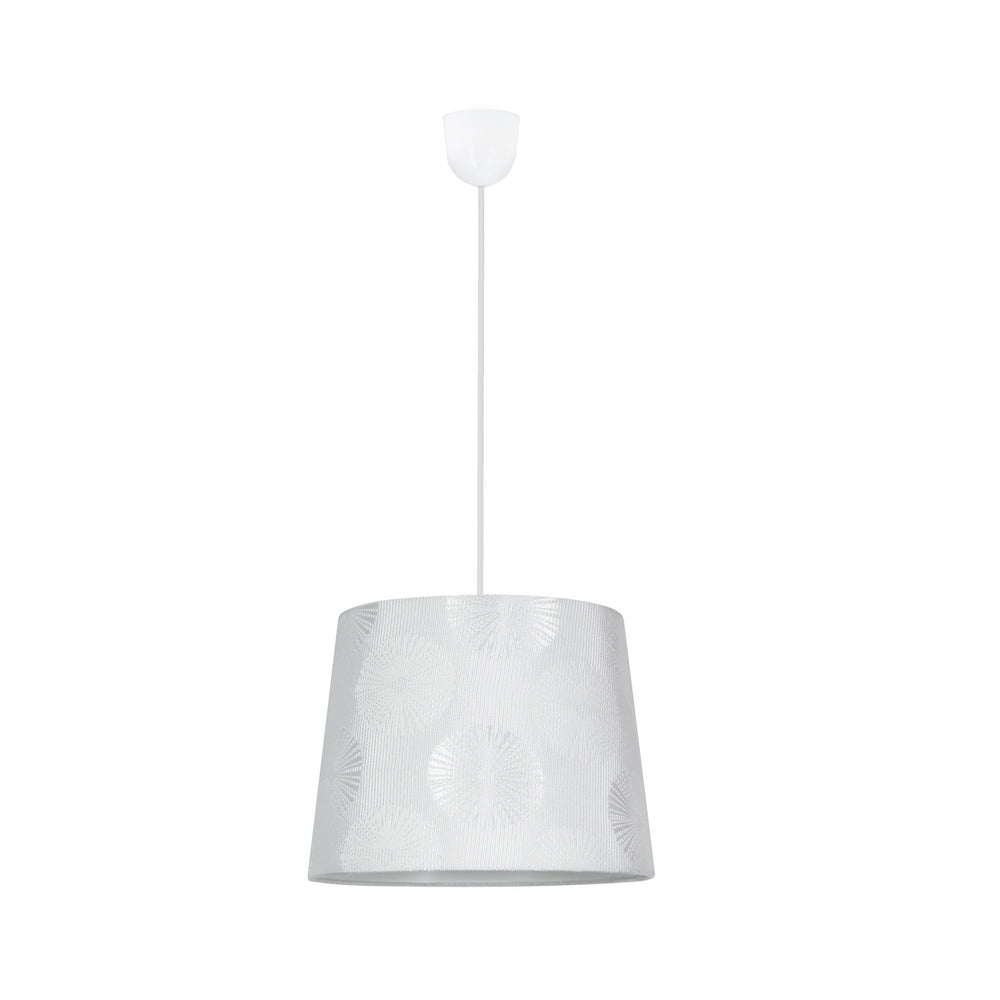 Suspension blanche en tissu, vue de face sur fond blanc, abat-jour conique.