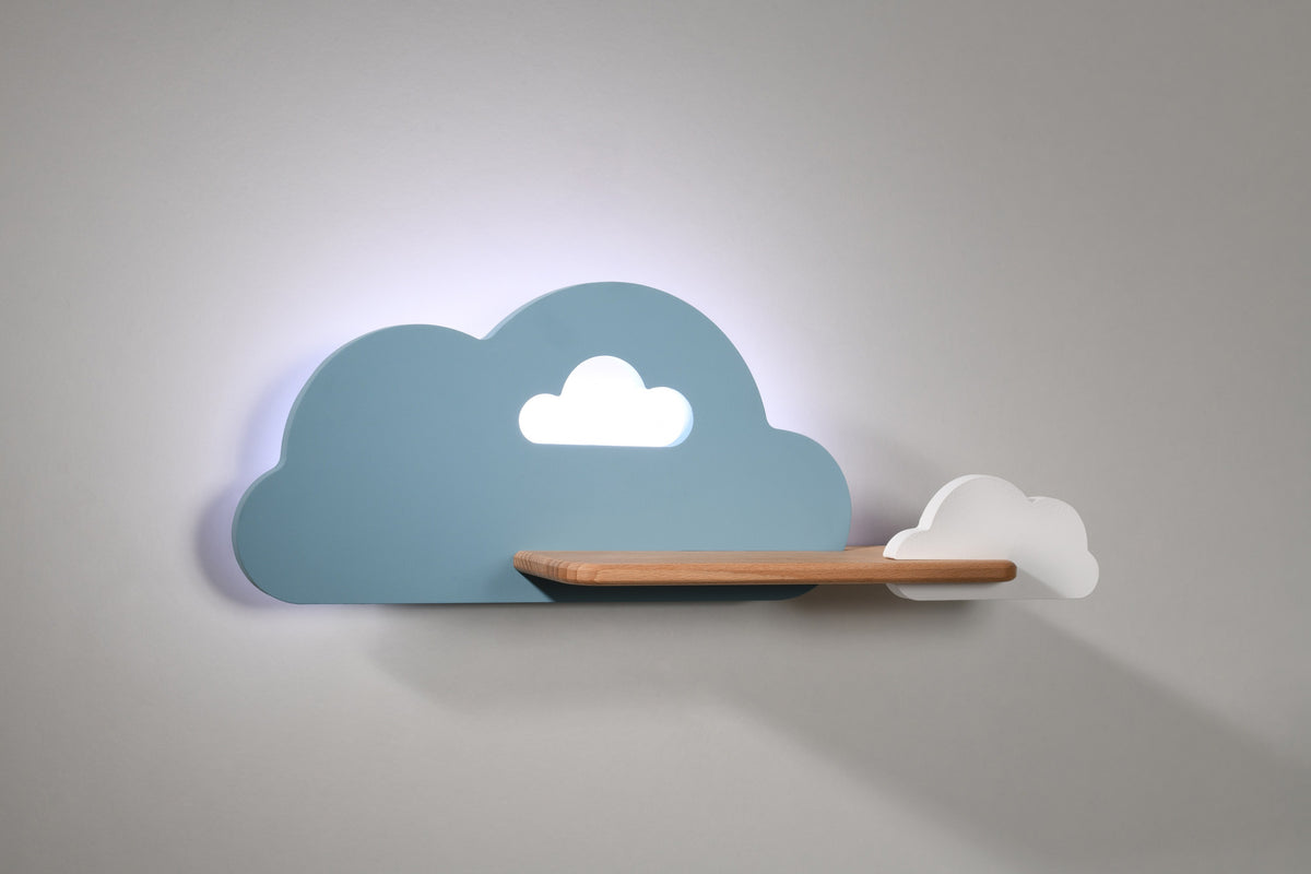 Applique murale LED Cloud pour chambre d'enfant bleue et blanche, bois