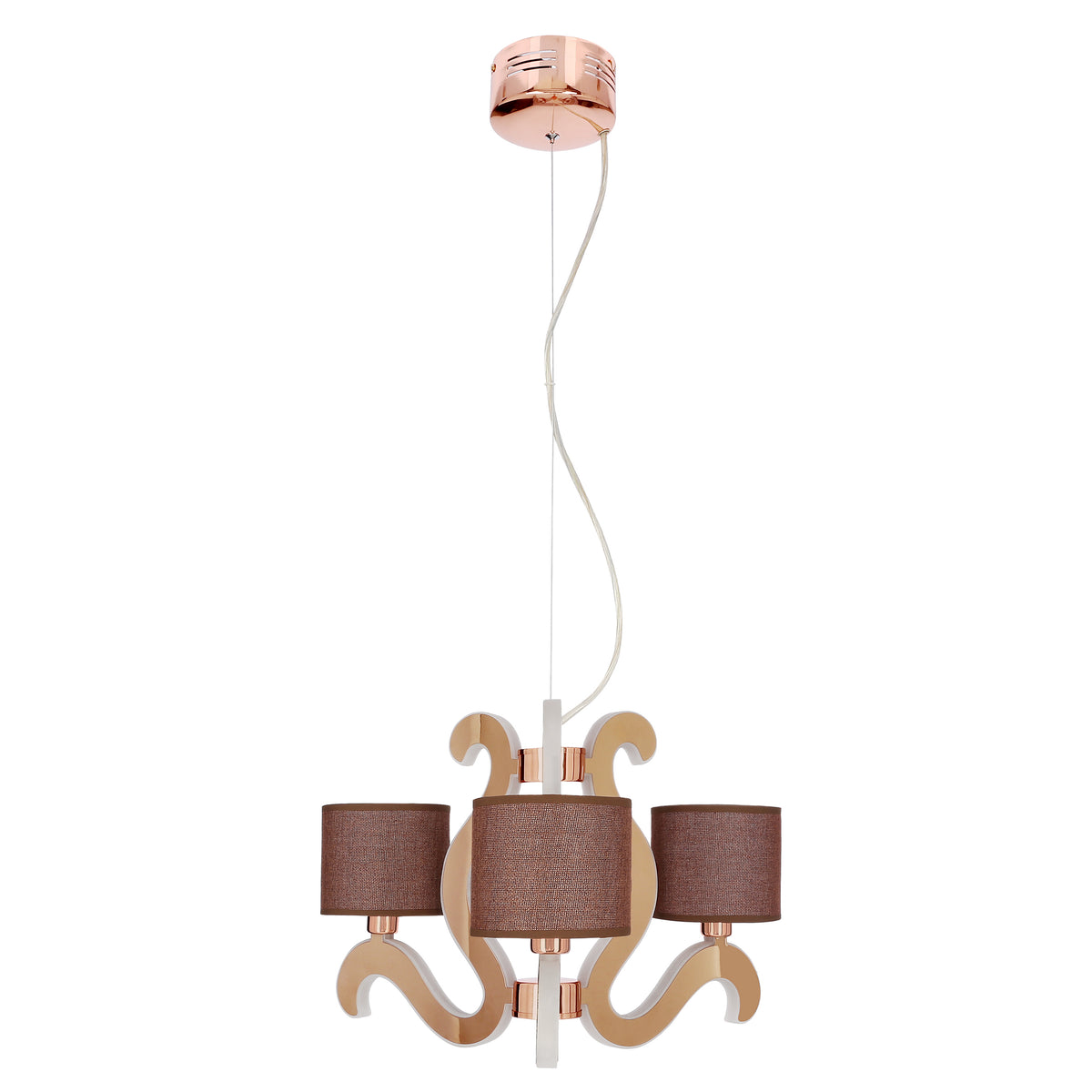 Suspension cuivrée avec trois abat-jours cylindriques en tissu marron, vue de face.