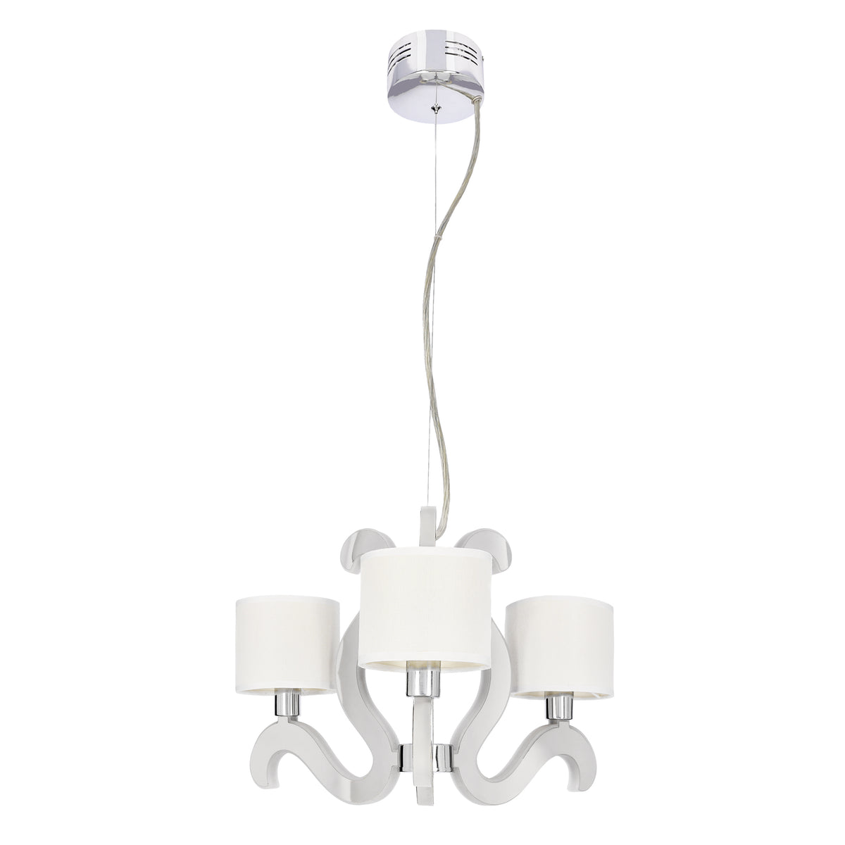 Suspension quatre lumières vue de face, bras courbes et abat-jour cylindriques en tissu blanc