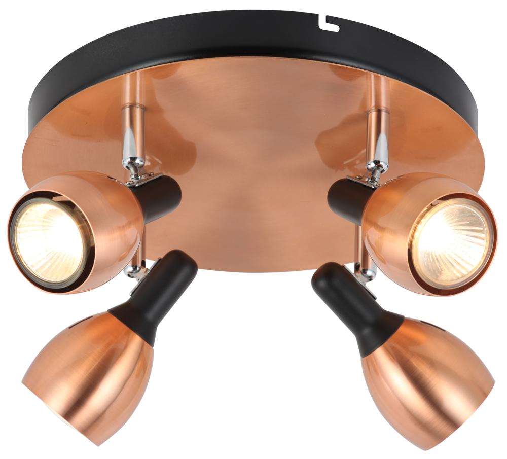 Vue de face du plafonnier quatre spots orientables cuivrés et noirs