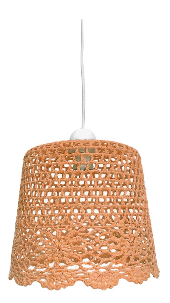 Suspension en jute naturelle crochetée, vue de face sur fond blanc, abat-jour cloche ajouré
