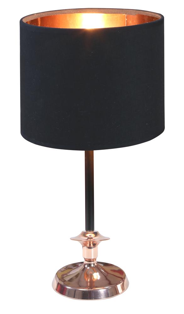 Lampe à poser de face, abat-jour cylindrique noir et pied cuivré sur fond blanc