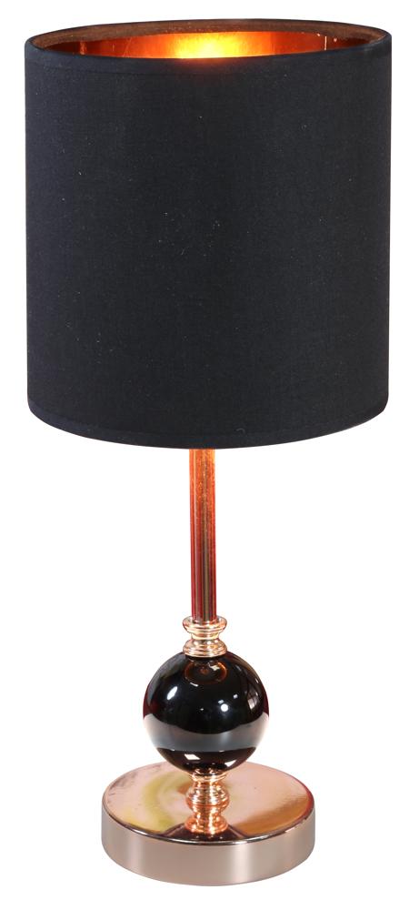 Lampe à poser noire et cuivrée de face sur fond blanc, abat-jour cylindrique.