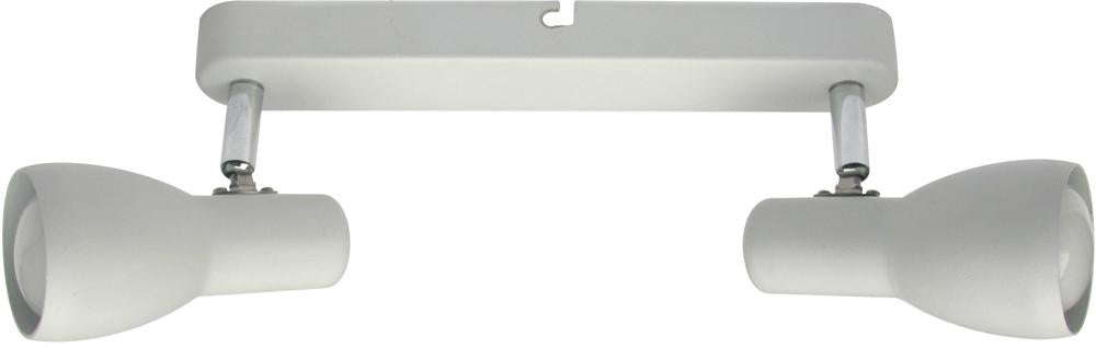 Luminaire blanc à deux projecteurs orientables avec embase rectangulaire, présenté sur fond blanc