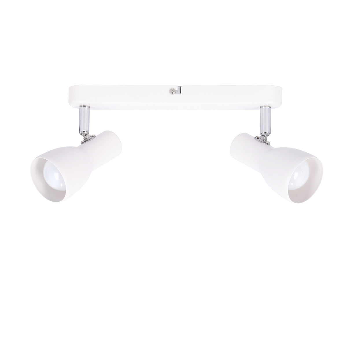 Vue de face du luminaire blanc à deux têtes, avec embase allongée et projecteurs orientables