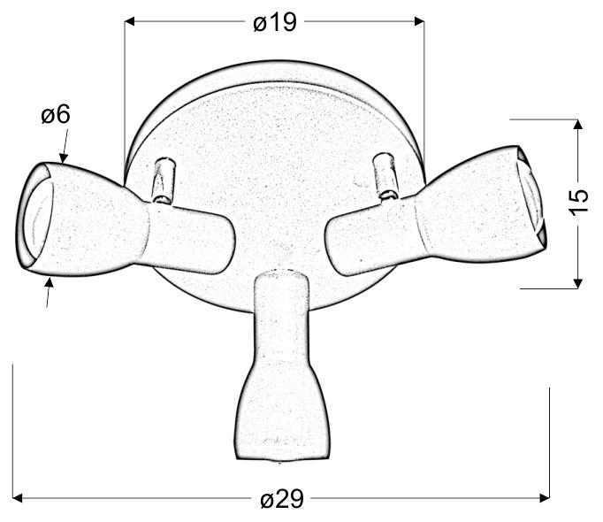 Schéma technique coté du luminaire avec dimensions du socle et des spots.