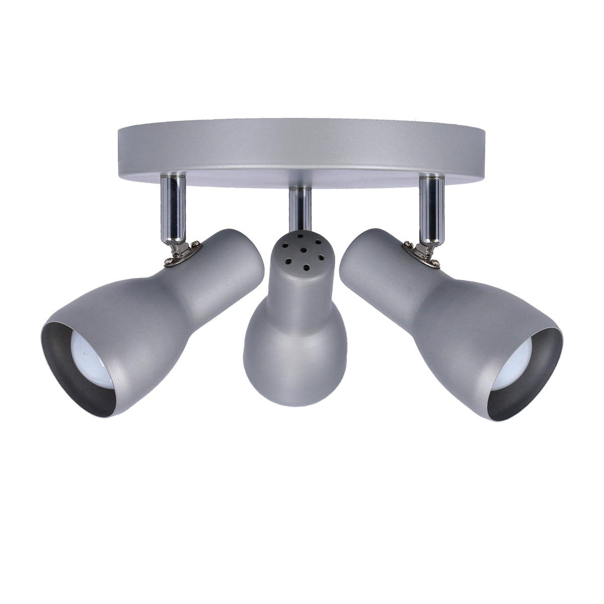 Produit de face sur fond blanc, plafonnier gris argenté avec trois spots orientables.