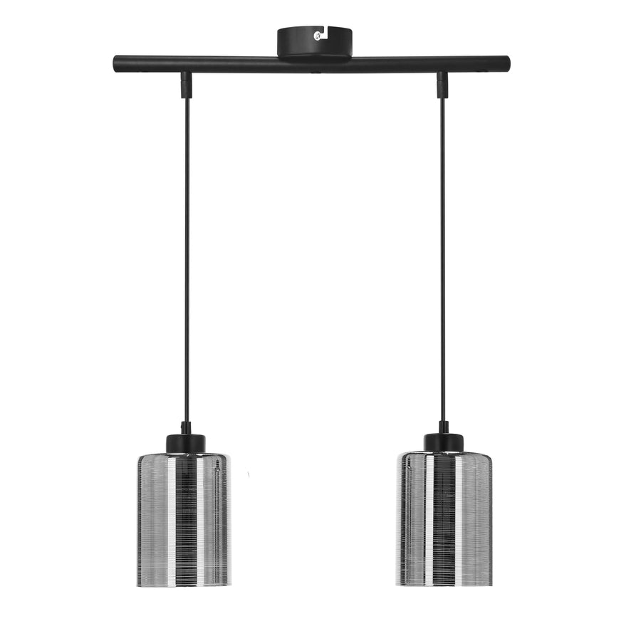 Suspension double en verre strié transparent, structure noire, vue de face sur fond blanc.