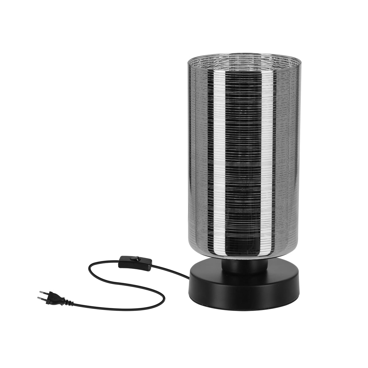 Lampe à poser cylindrique en verre strié, base noire, interrupteur et prise visibles