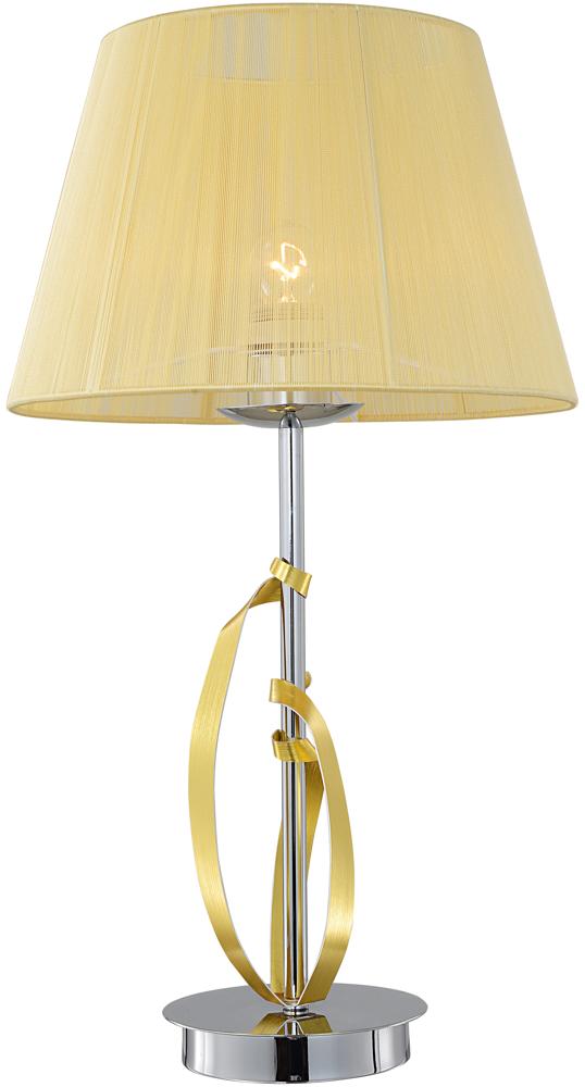 Lampe à poser de face, abat-jour crème, tige chromée et ruban doré