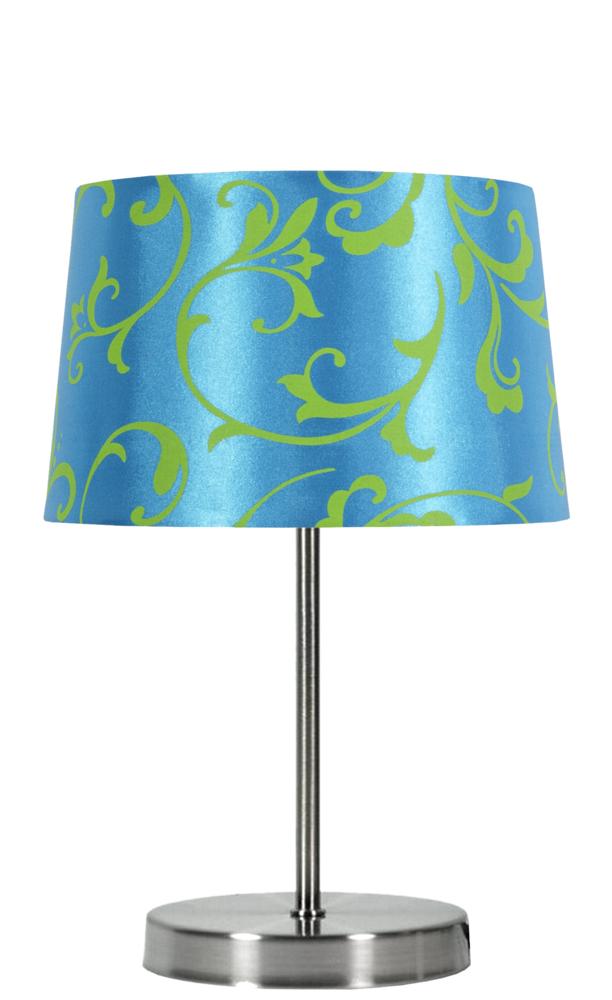Lampe à poser avec abat-jour bleu à motifs floraux verts, pied métallique argenté