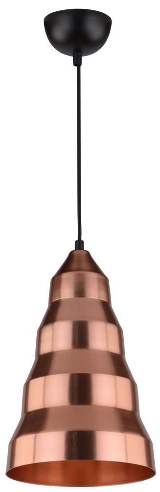 Suspension cuivre rosé, abat-jour conique à gradins, vue de face sur fond blanc