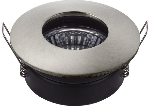 Spot encastrable rond vu de face, collerette nickel satiné et verre strié