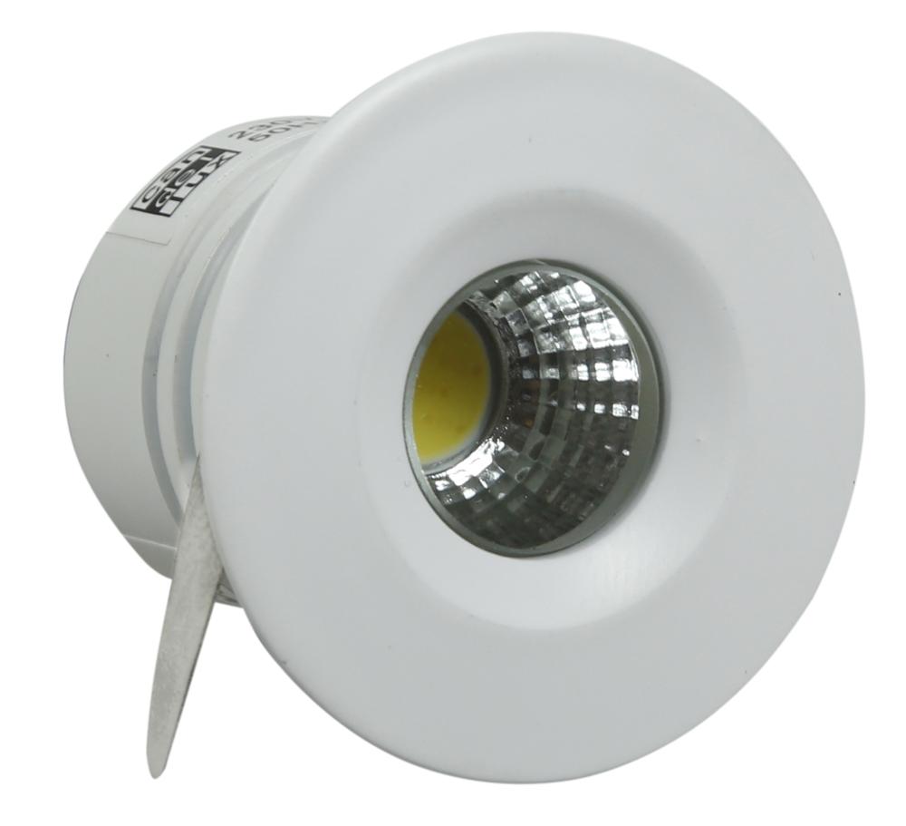Spot encastrable rond blanc vu de trois quarts, réflecteur argenté et puce LED jaune