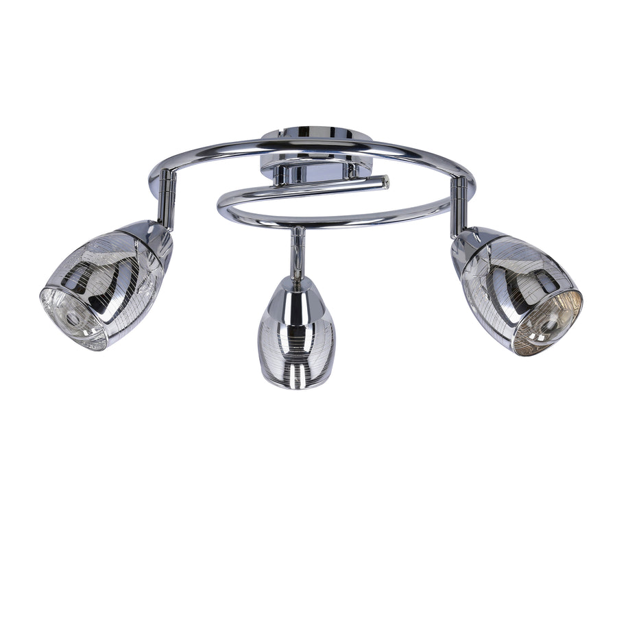 Plafonnier chromé à trois spots orientables en verre strié, présenté sur fond blanc.