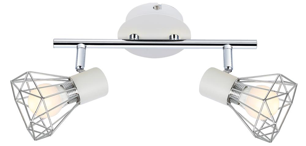 Vue de face du plafonnier deux spots orientables, croisillons chromés et embases blanches