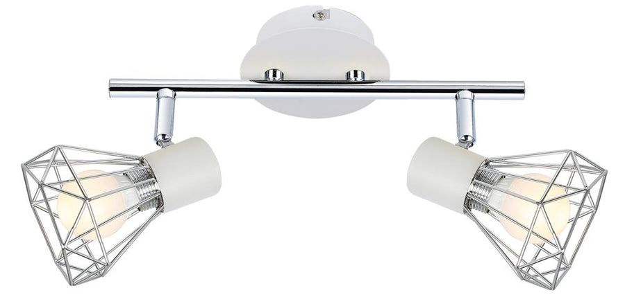 Vue de face du plafonnier deux spots orientables, croisillons chromés et embases blanches