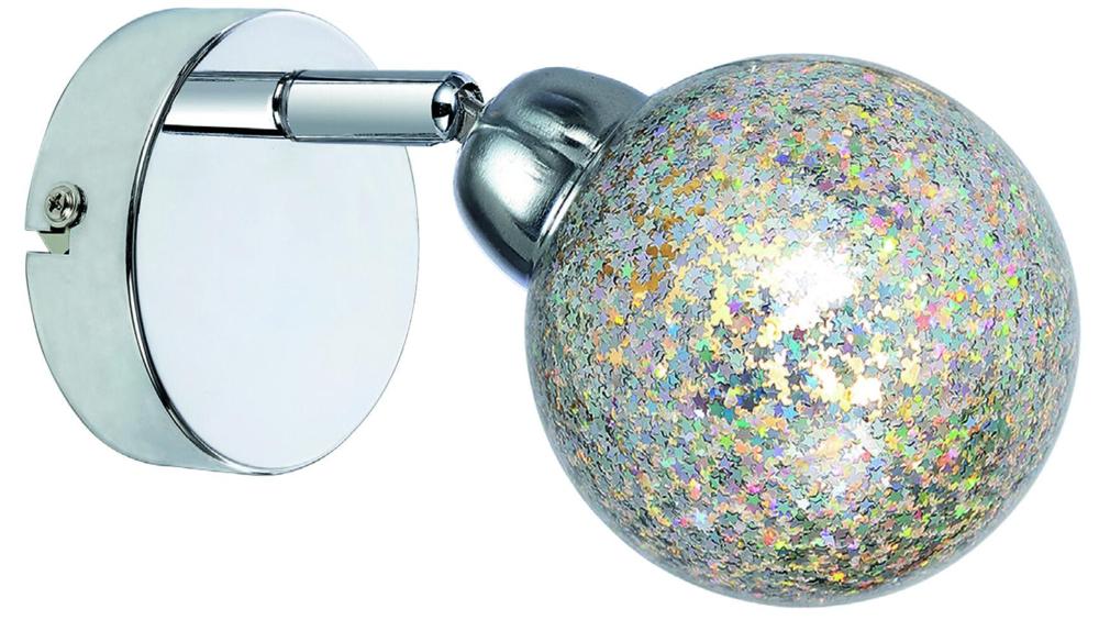 Applique murale chromée de face, sphère en verre mosaïque multicolore éteinte