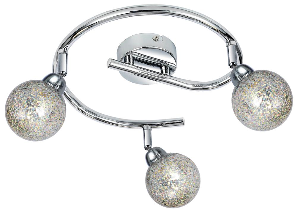 Plafonnier chromé à trois globes en verre scintillant, montés sur armature ovale
