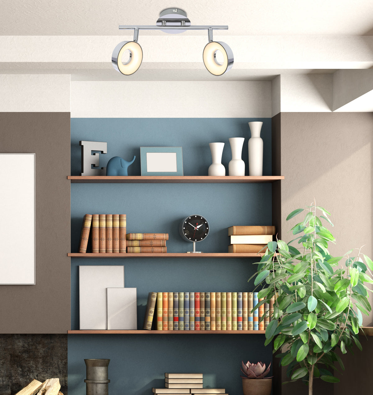 Mise en ambiance du plafonnier éclairant une étagère avec livres, vases et plante verte