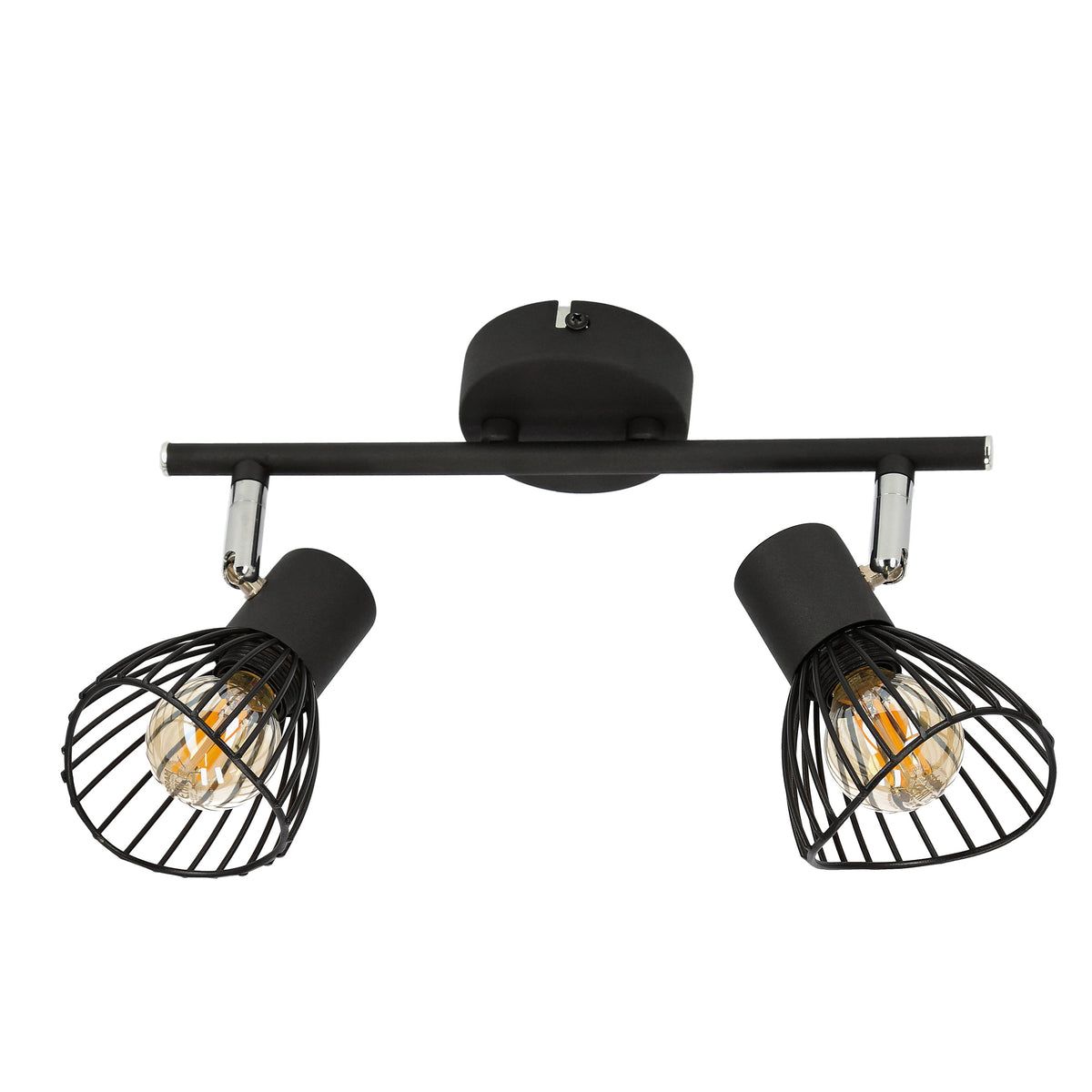 Plafonnier noir à deux spots orientables avec cages métalliques et ampoules visibles.