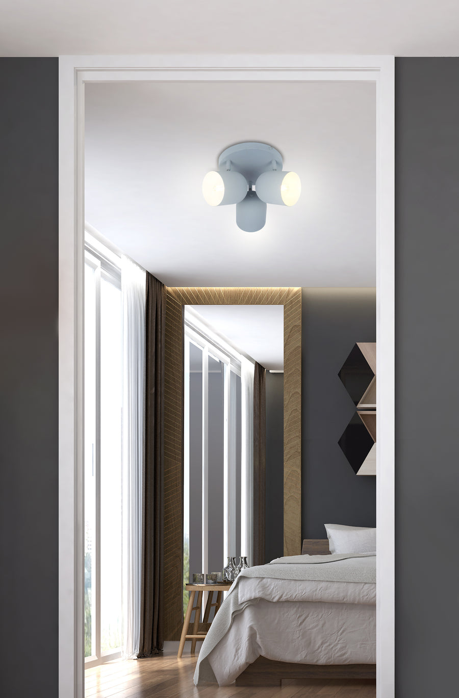 Plafonnier blanc installé au plafond d'une chambre contemporaine avec lit et miroir
