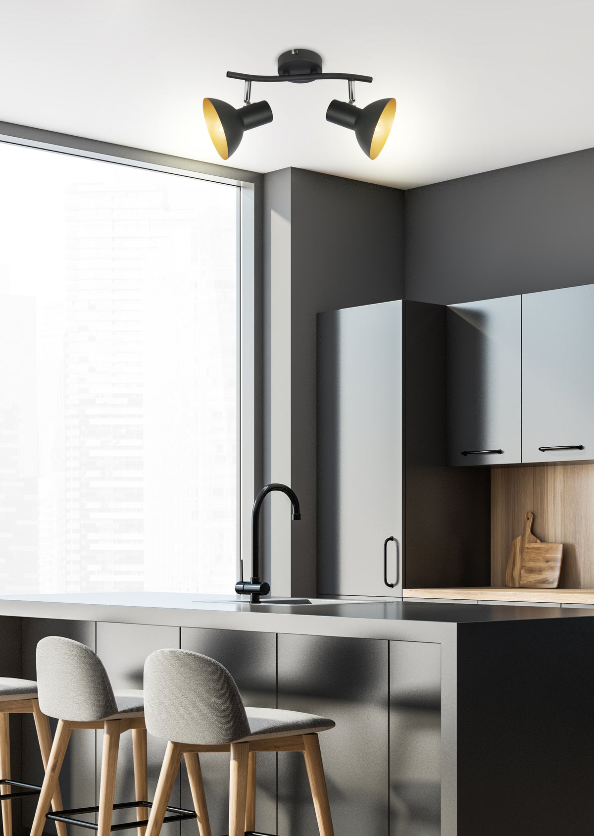 Vue en situation du luminaire plafonnier dans une cuisine contemporaine