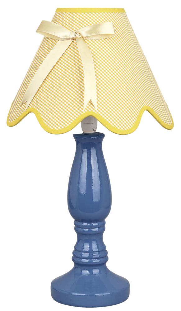 Lampe à poser de face, pied bleu verni et abat-jour à carreaux jaune