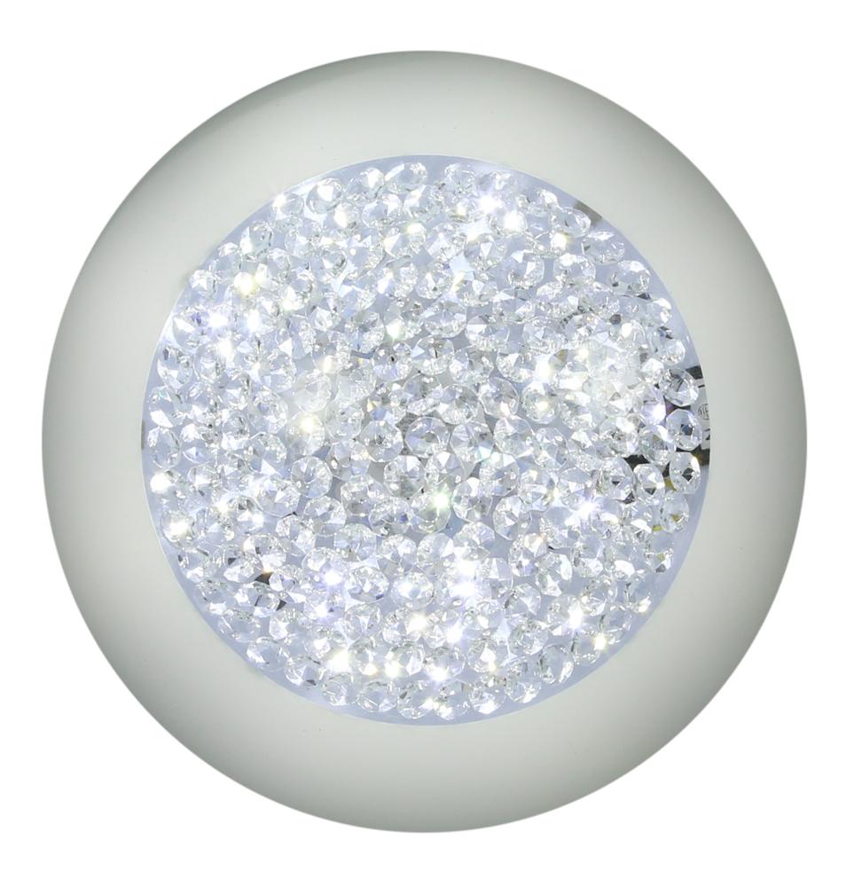 Vue de face du plafonnier rond en verre blanc avec décor central en cristaux scintillants.