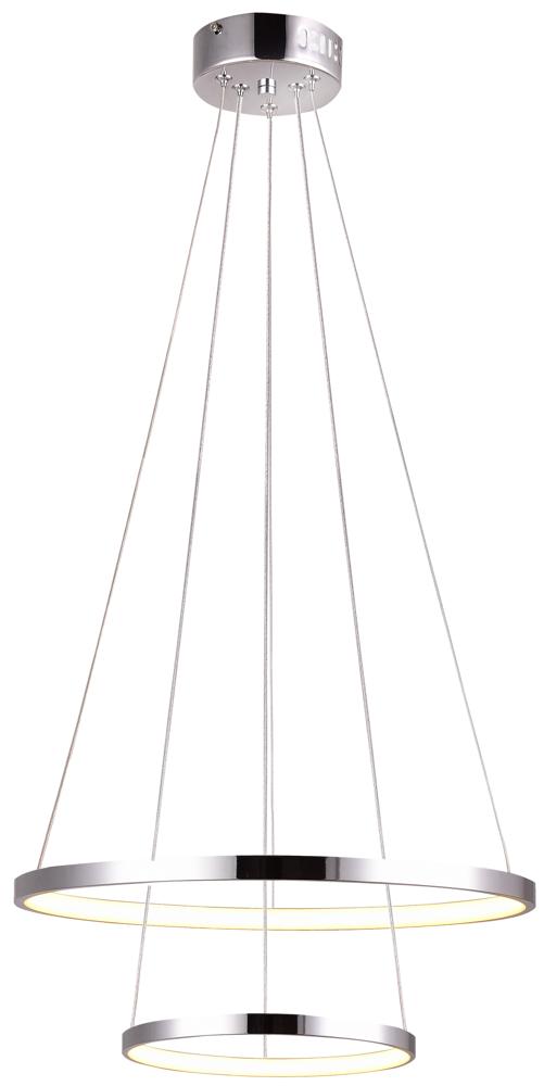 Suspension chromée à deux anneaux LED superposés, vue de face sur fond blanc