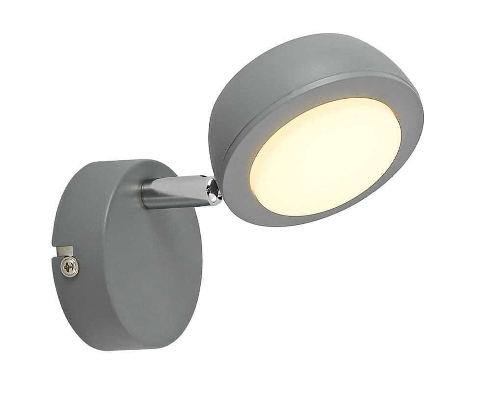 Vue de profil du spot mural gris orientable, tête ronde et diffuseur lumineux allumé
